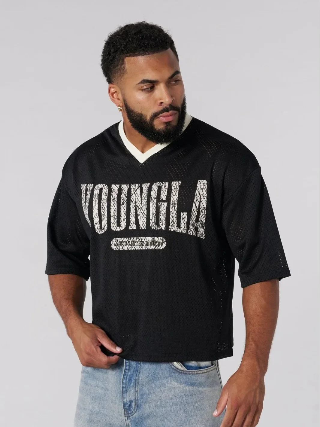 YOUNGLA American fashion brand oversized T-shirt Men\'s sports fitness quick drying breathable large mesh print short sleeve