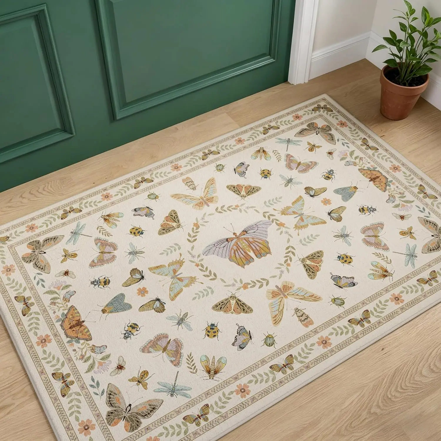 Washable Beige Bug Area Rug, Soft Boho Non Slip Print Carpet, Thin Entryway Mat for Kitchen Bathroom Bedroom Laundry Room