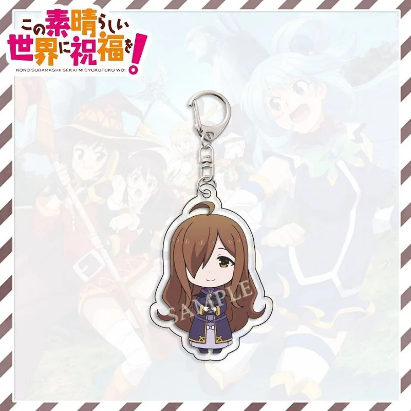 KonoSuba Women Acrylic Keychain Men Satou Kazuma Aqua Megumin Anime Figures Key Chain Bag Key Ring Pants Car Pendant Kids Gift