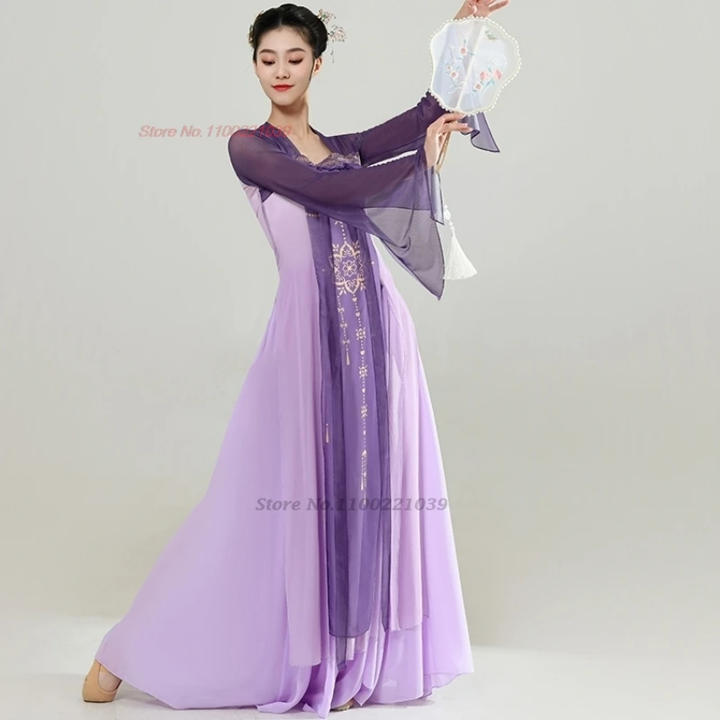 فستان هانفو الصيني التقليدي لعام 2025 + تنورة ملابس رقص شعبية فستان أداء المسرح شيفون شرقي فستان رقص ruqun hanfu