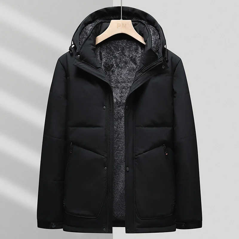 Men's Thickened Cotton-Padded Jacket Warm Fleece Lined Removable Cap for Autumn Winter Business Casual Middle-Aged And Elderly