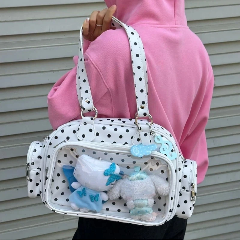 

Сумка-бостон в горошек с прозрачным окном, милая универсальная сумка в корейском стиле, сумка через плечо, идеальная модная женская сумка для прогулок