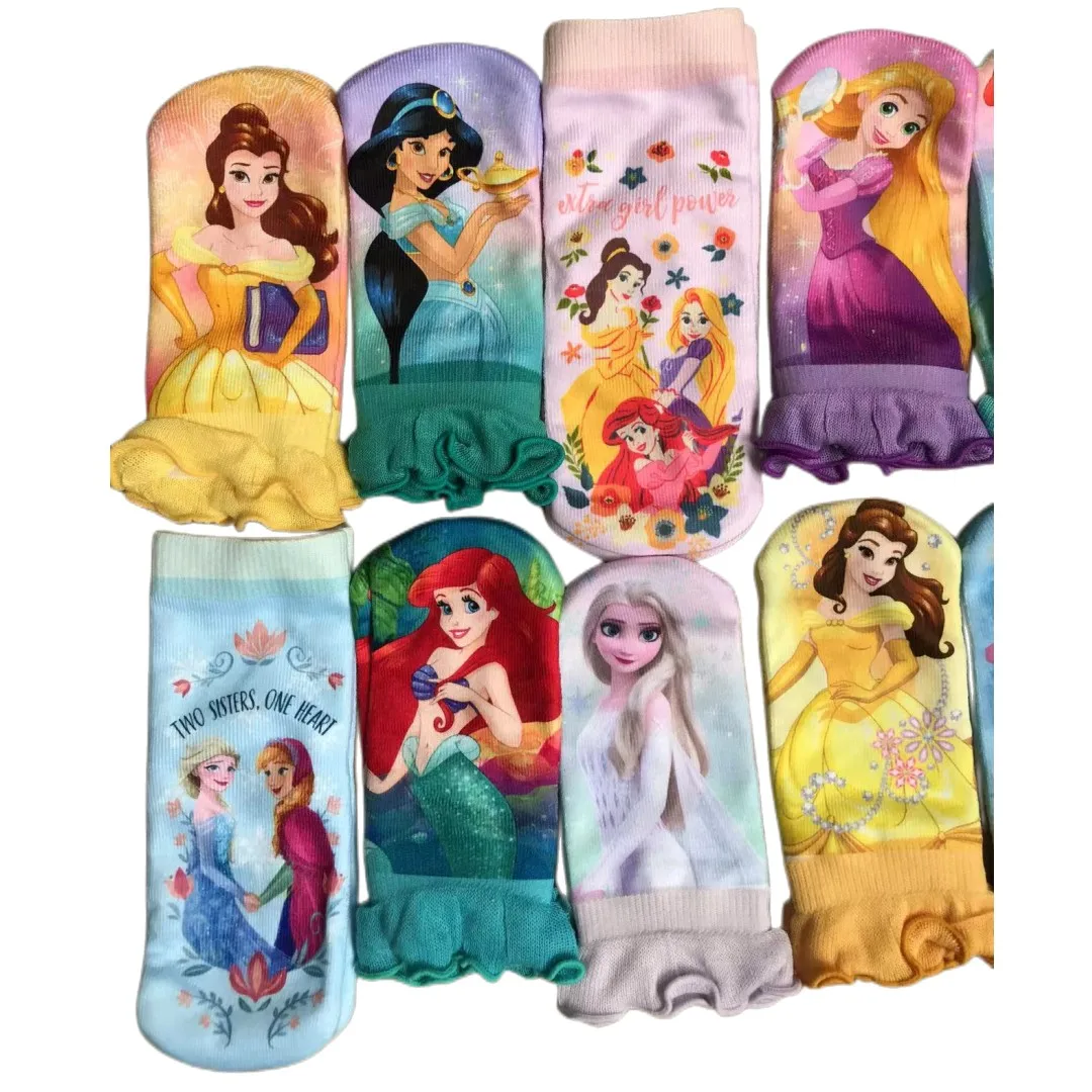 HOT TOYS Cartoon Princess Prints calzini Colorful Girl Ana Elsa Mermaid Design Cute Socks Size 15-20cm per 3-8T 4Pairs/LotP