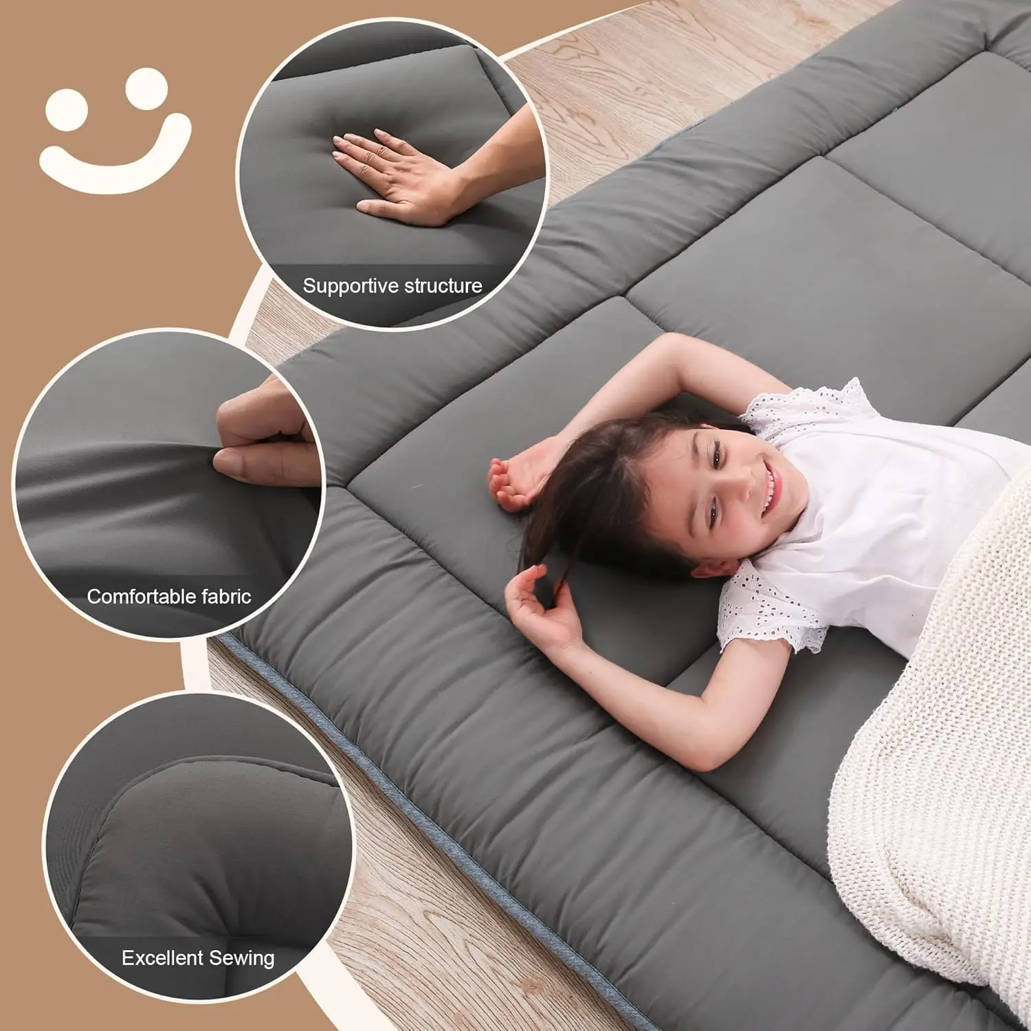 

Japanese Floor Mattress Futon Mattress 3" Grey Tatami Mat Shredded Memory Foam Filled Sleeping Pad, Foldable & Portable