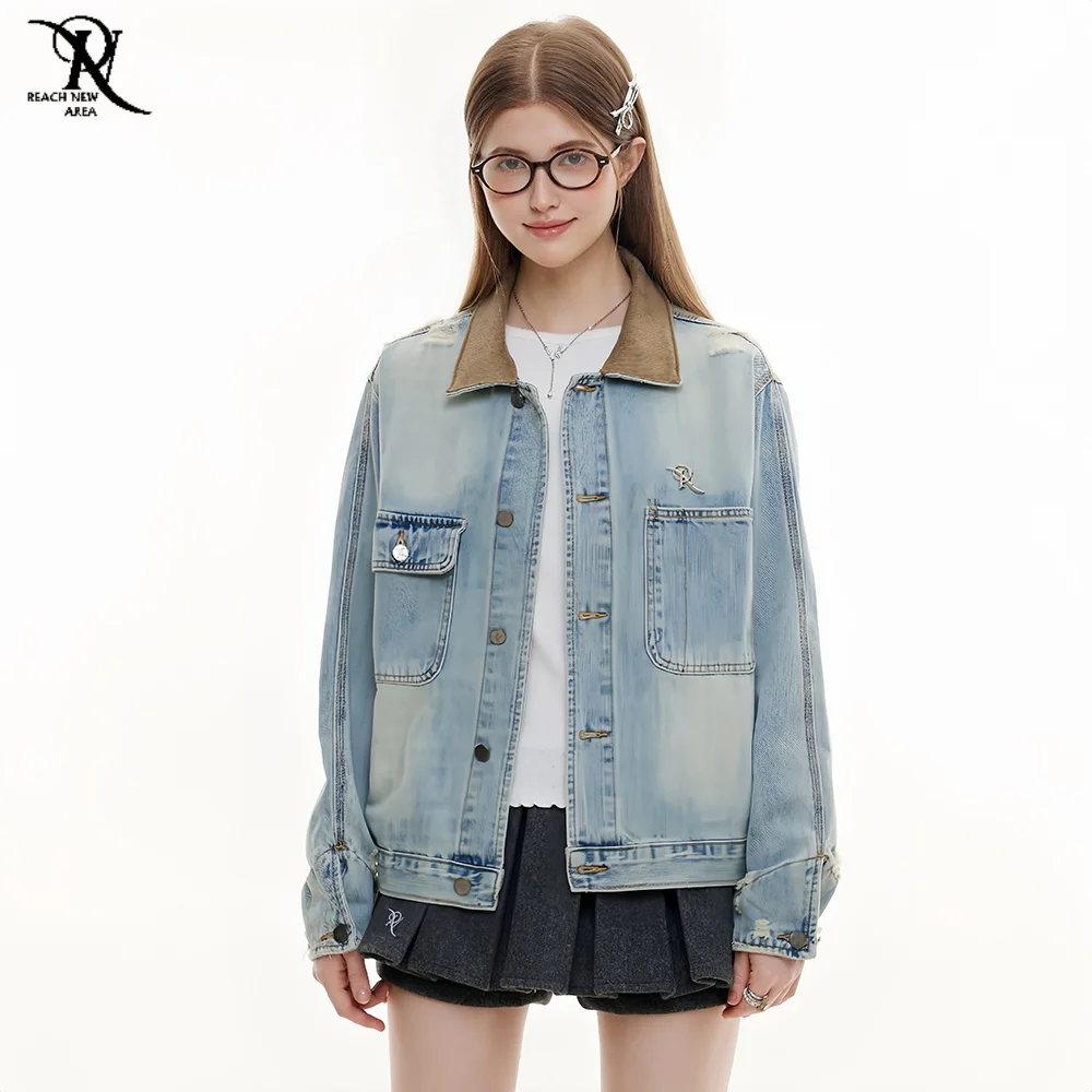 

Women's Denim Jacket Ladies Blue High Quality Vintage Fashion Coats for Women Lapel Pocket Distressed-style Women's Jeans Jacket