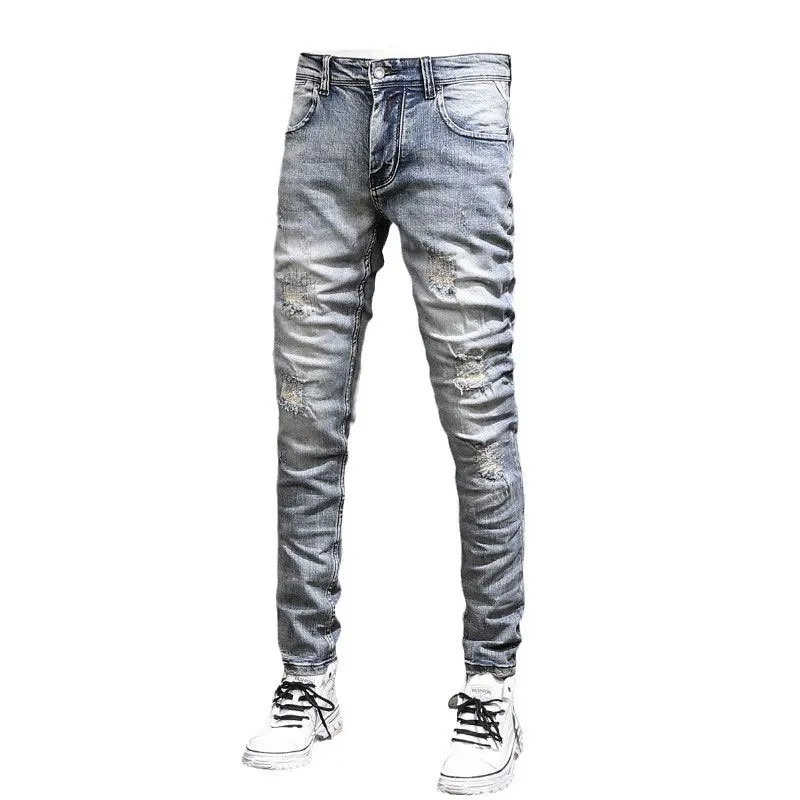Fashion Designer Men Jeans High Quality Retro Gray Blue Elastic Stretch Slim Fit Patched Vintage Trousers Denim Pants Hombre