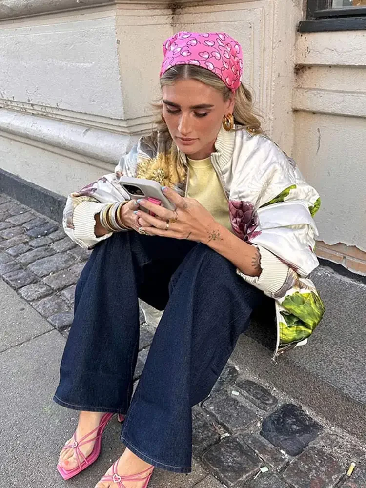 Chaqueta de algodón con estampado de flores para mujer, abrigos de manga larga con cremallera y cuello levantado, prendas de vestir cálidas elegantes para otoño e invierno, 2024