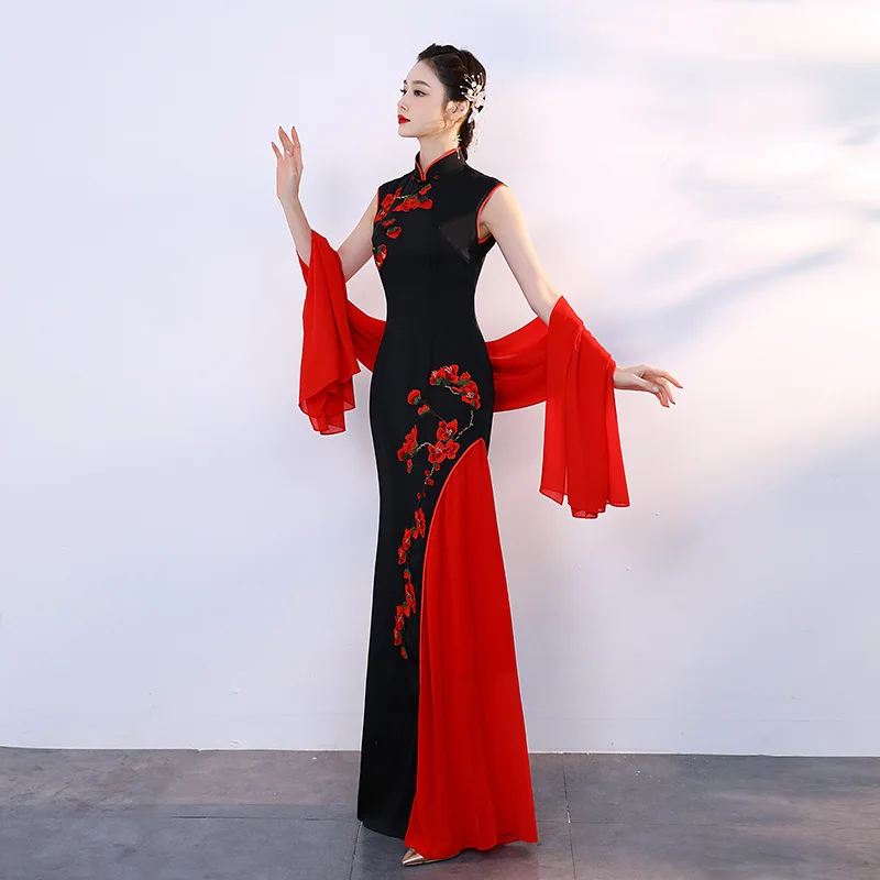 Qipao – robe longue en Satin pour femmes, grande taille, Sexy, élégante, élégante, Qipao, paillettes, tenue de soirée