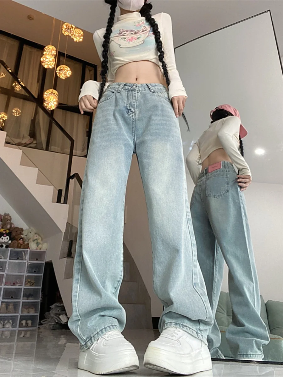 

Широкие джинсы прямого кроя с высокой талией, женские светлые свободные брюки для похудения, осенние новые модные джинсовые брюки