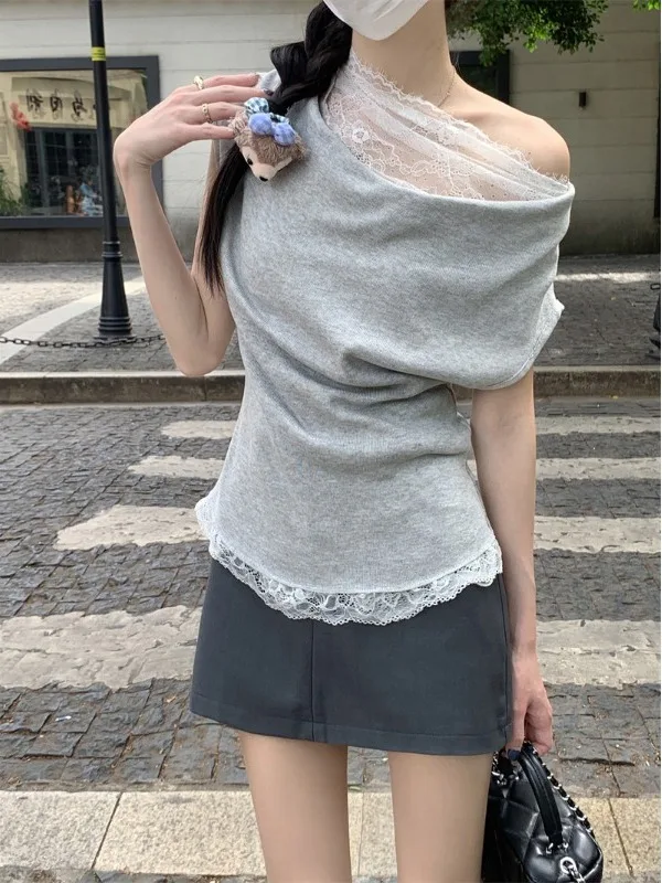 

Ele Lace oulder Bared Long Sve T irt Women's Early Spring Design Sense Waist Inward Top Fake Two-Piece Sle