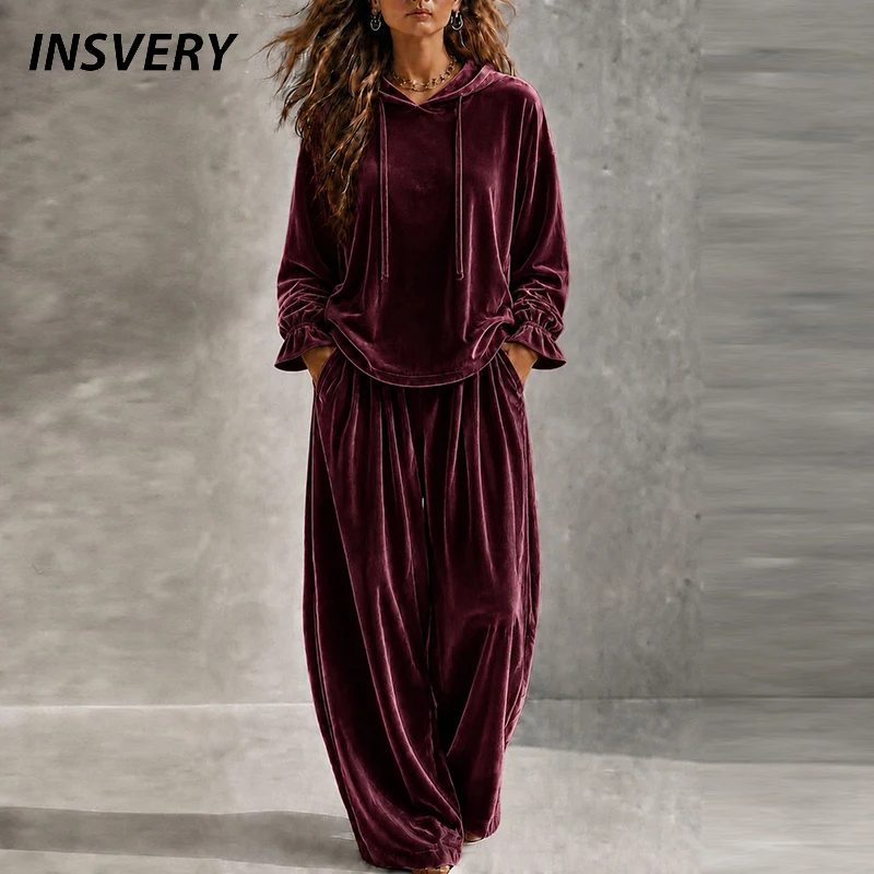 Autumn Winter Long Sleeve Velvet Hoodies Sweatshirt High Waist Pocket Pants Suit Women Casual Two Piece Set Female Tracksuit
