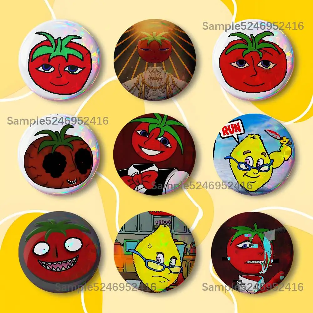 

Mr Tomatos Game Horror Laser Badge Round Creative Pins Brooch Niche Design Brooch for Backpack Lapel Pins Accessories