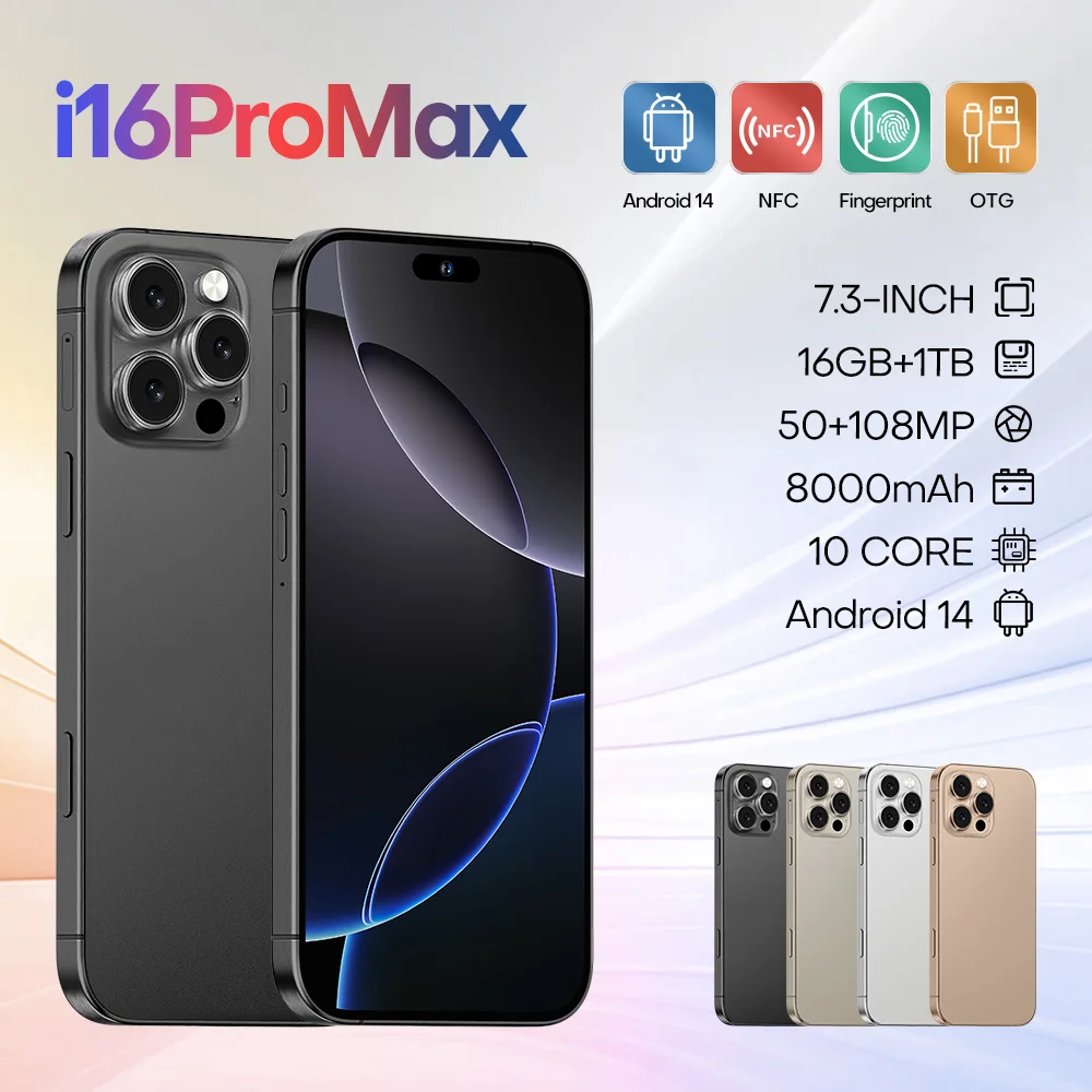 الإصدار العالمي I16 Pro Max الذكي Android، 6.8 بوصة، 16 جيجابايت رام 1 تيرابايت، شريحة مزدوجة، هواتف محمولة، متجر جوجل بلاي، 24+48 ميجابكسل، 6800 مللي أمبير في الساعة