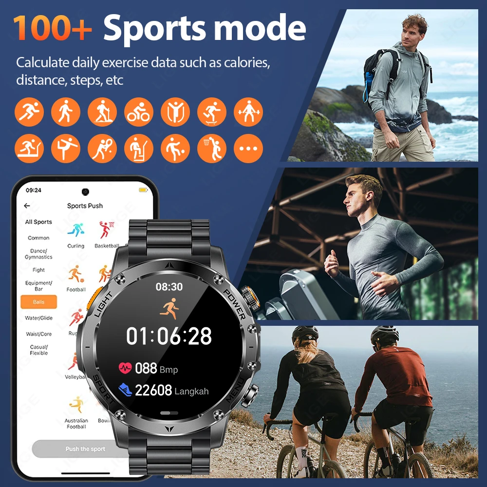 LIGE Neue 1000 mAh Große Kapazität Batterie Smartwatch Männer Outdoor Taschenlampe Bluetooth Anruf IP68 Wasserdichte Sport Fitness Uhren