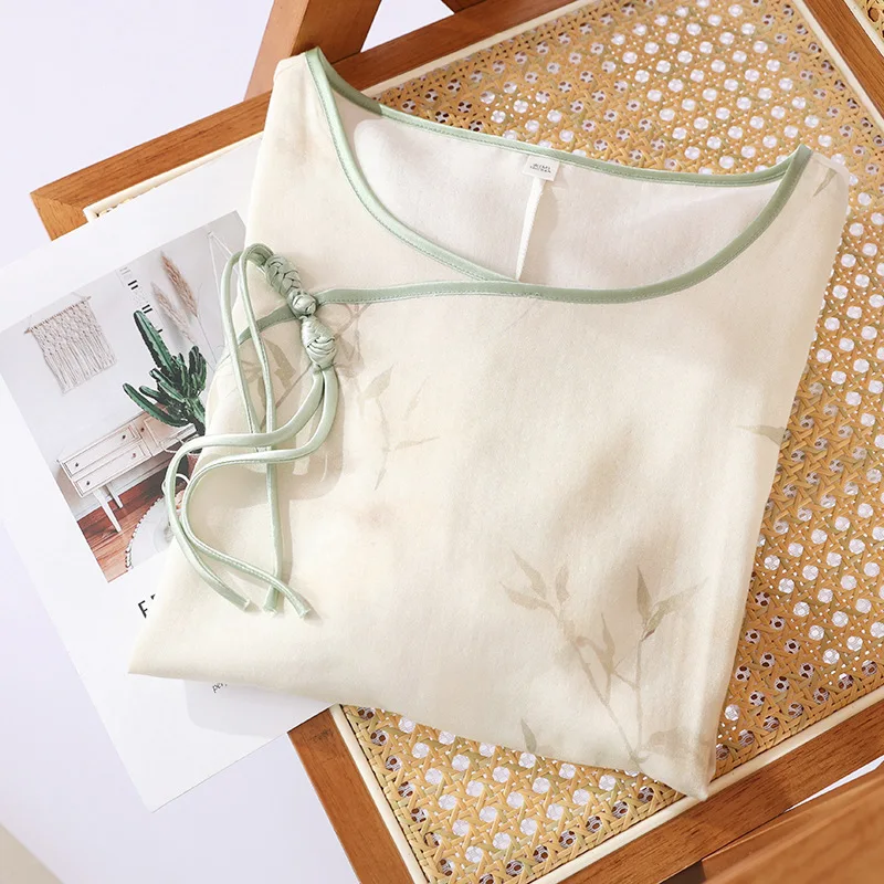 Chinese Retro Style Bamboo Cotton Double-layer Yarn Night Dress Women Short Sleeve Round Neck Elegant Nightgown Loose Soft Skirt