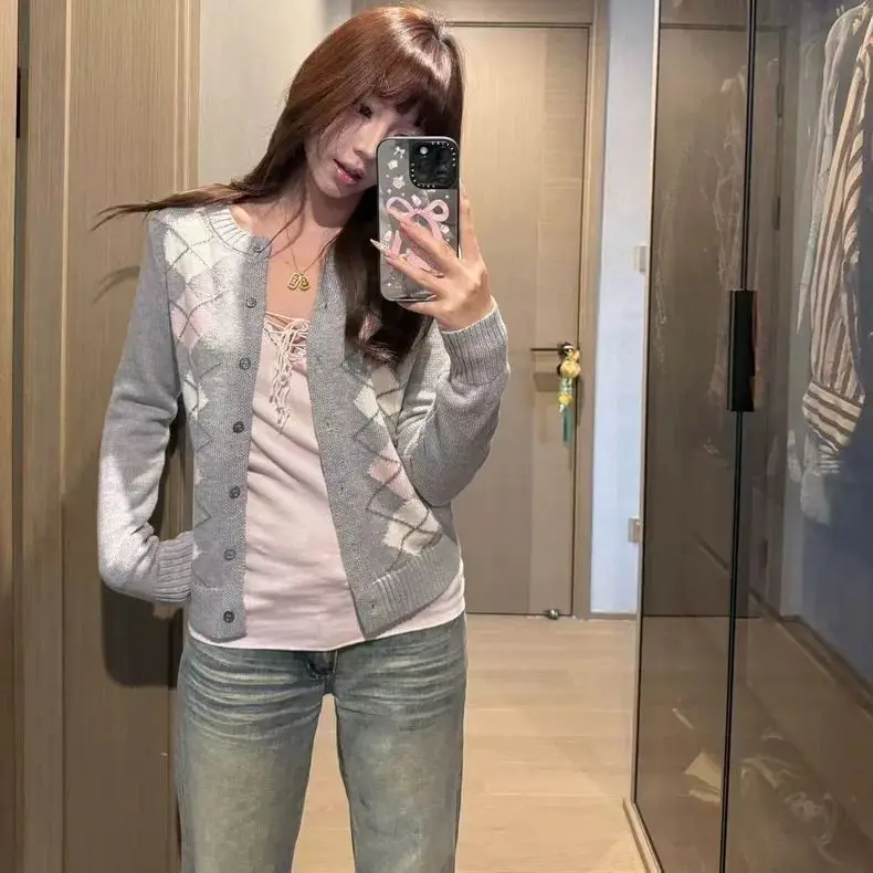 Women Spring Knit Cardigan Korean Color‑block Plaid Short O‑neck Sweater Slim Fit Preppy Style Casual Fashion Tops