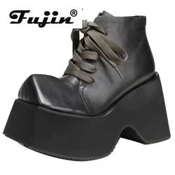 Fujin 10.5cm Comfy Boots Woman Ethnic Platform Ankle Boot Spring  Big Strange Toe Genuine Leather Autumn Fashion Shoes Moccasins