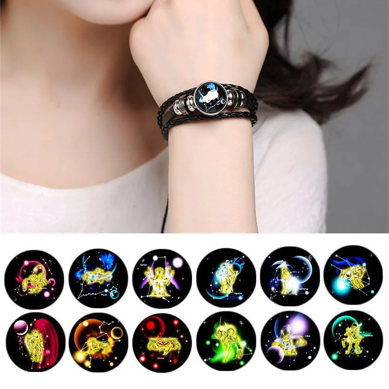 12 Constellation Bracelet Horoscope Multi-layer Leather Bracelets Zodiac Rope Bracelet For Men Women Pulseira DIy Jewelry Gifts