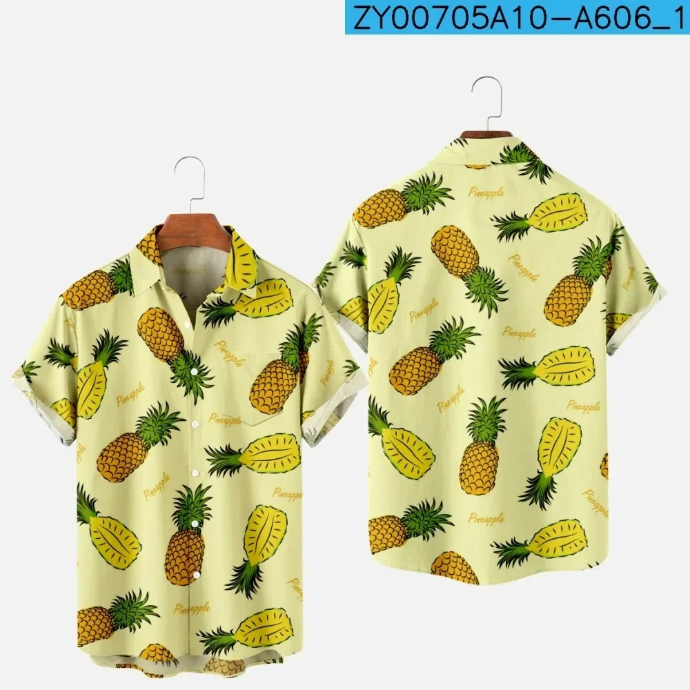 Blusa con estampado 3D de piña y fruta para hombre, camisa informal de manga corta con botones y solapa, ropa de calle de gran tamaño para playa