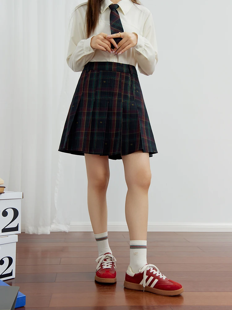 DUSHU Retro College Style Wine Red Plaid Women Autumn Short Skirts HIgh Waist Embroidered Bow Design Pleated Skirt Women Bottom