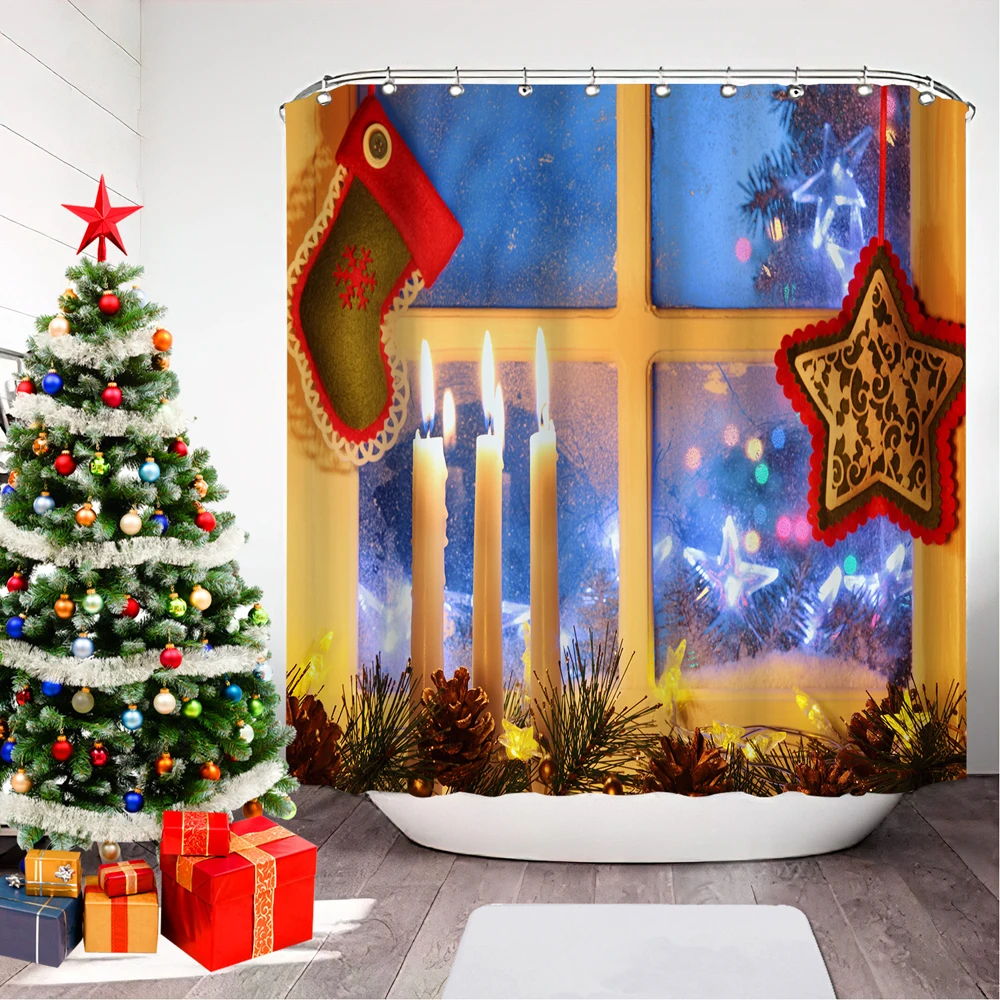 

Window Snow Scenery Christmas Shower Curtain Colorful Gifts Xmas Pine Tree Santa Claus Bathroom Decor Waterproof Bath Curtains