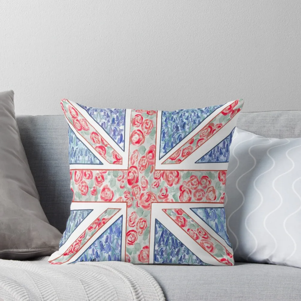 Botanical British Flag - a Union Jack of Roses & Bluebells Fit for a King Throw Pillow Room decorating items pillow