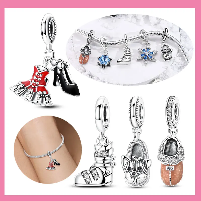 

Подвески из стерлингового серебра 925, плюшевые тапочки для щенков, коньки, красные туфли на высоком каблуке, бусины, подвеска, подходит для оригинального браслета, ювелирные изделия своими руками для женщин