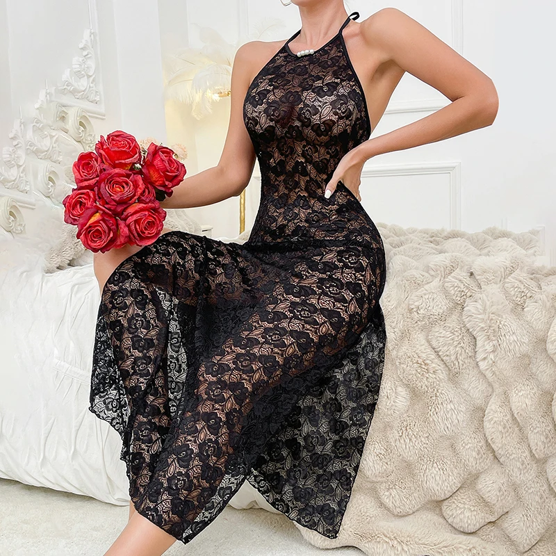

Сексуальная кружевная пижама для женщин, ночное платье с лямкой на шее, с высокой талией, с двусторонним разрезом, сексуальная ночная рубашка, черное длинное утягивающее пижамное платье