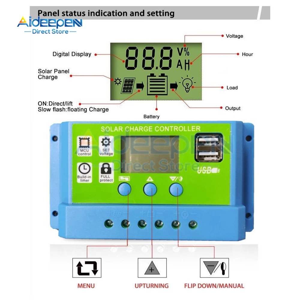 PWM 30A 20A 10A Universal Solar Charge and Discharge Controller 11.1V/12V/24V Auto LCD Solar Regulator With Dual USB Port 5V