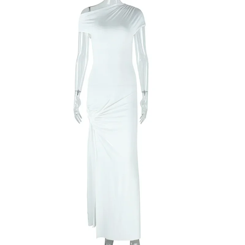 Leosoxs Elegant White Maxi Dresses for Women Irregular Short Sleeve High Split Pleated Bodycon Dress Female Party Evening Robe