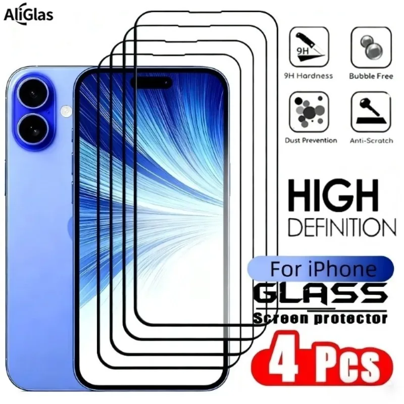 4er-Set HD Klare Panzerglas-Displayschutzfolien für iPhone 17 16 15 14 Pro Max 16e Air 13 12 11 Pro 15 14 Plus XR XS Max