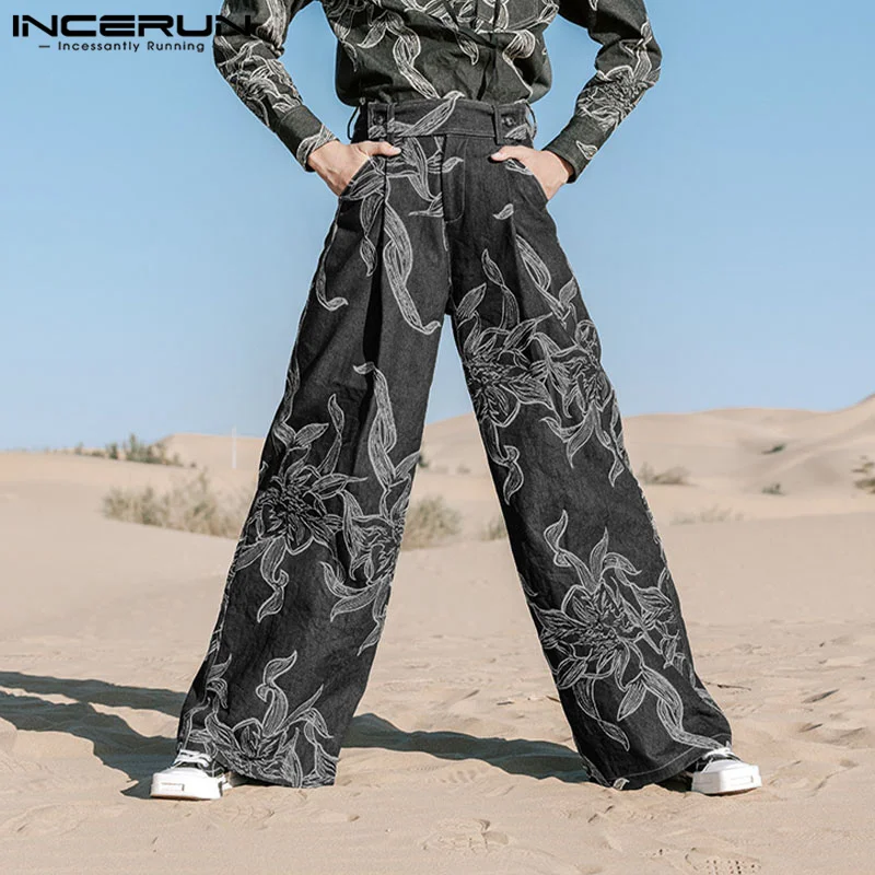 INCERUN Men Pants Printing Button Joggers Loose Casual Wide Leg Trousers Men Streetwear 2024 Pleated Fashion Long Pants S-5XL