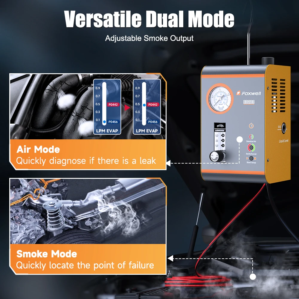 Foxwell sd203 automobil rauch maschine 12v eingebaute luftpumpe evap vakuum leck detektor autorohr leckage diagnose tester