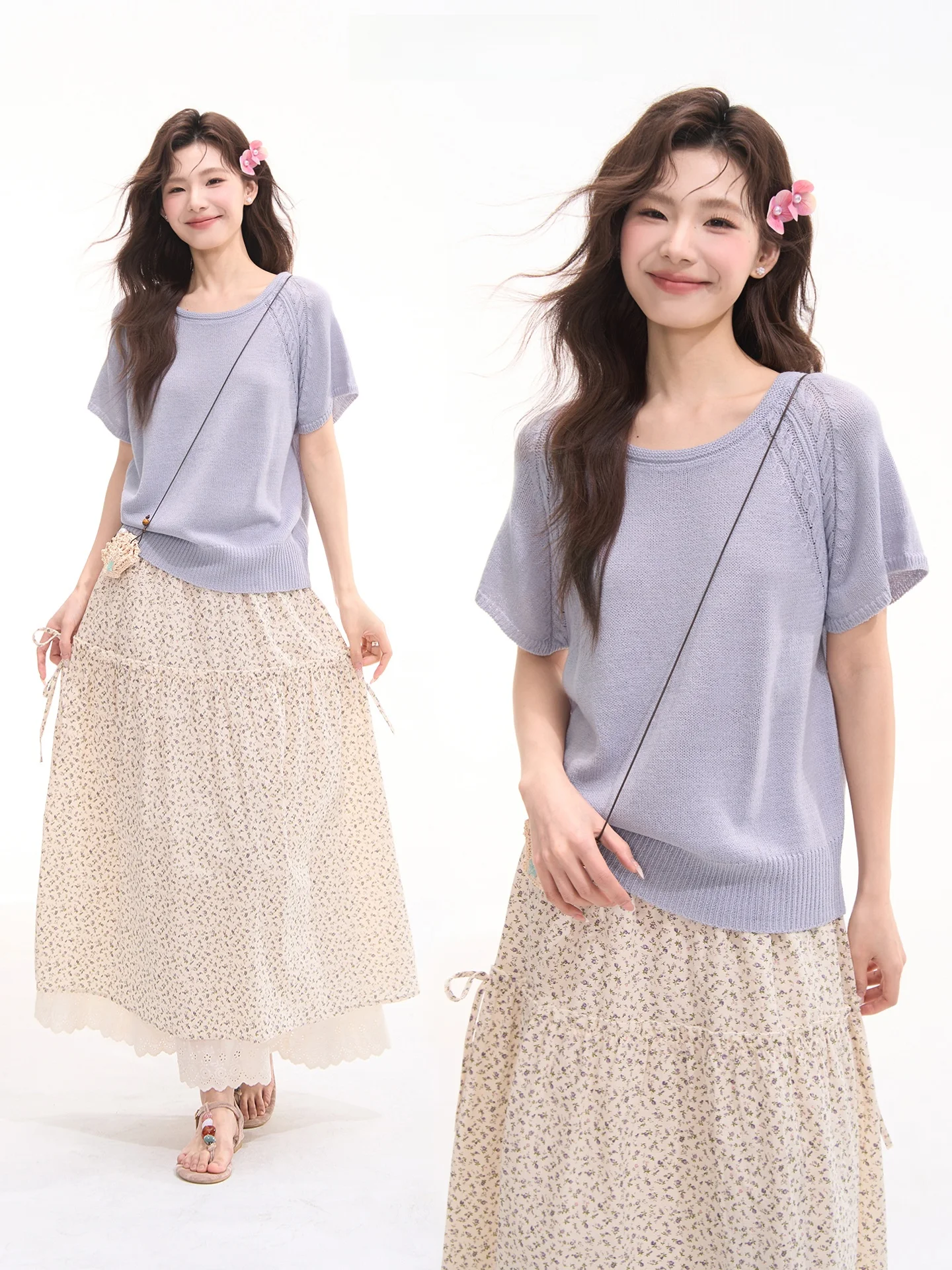 

Heme Blueberry Cream Korean Style Knitted round Neck Short Sleeve Women's Top Spring Summer Fashionable Window Display