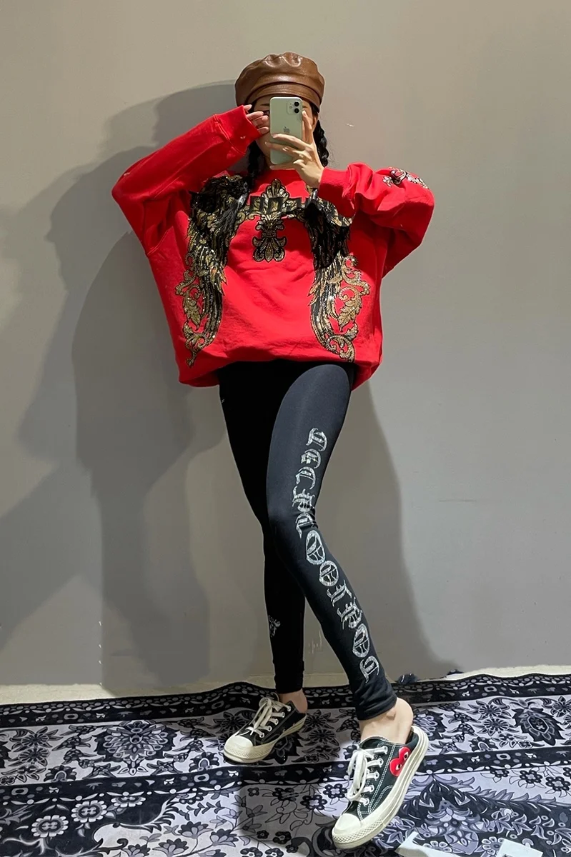 Hot Blingbling Letters Boren Lente Herfst Dieptepunt Broek Alle-Wedstrijd Hoge Taille Streetwear Trendy Enkellange Zwarte Leggings