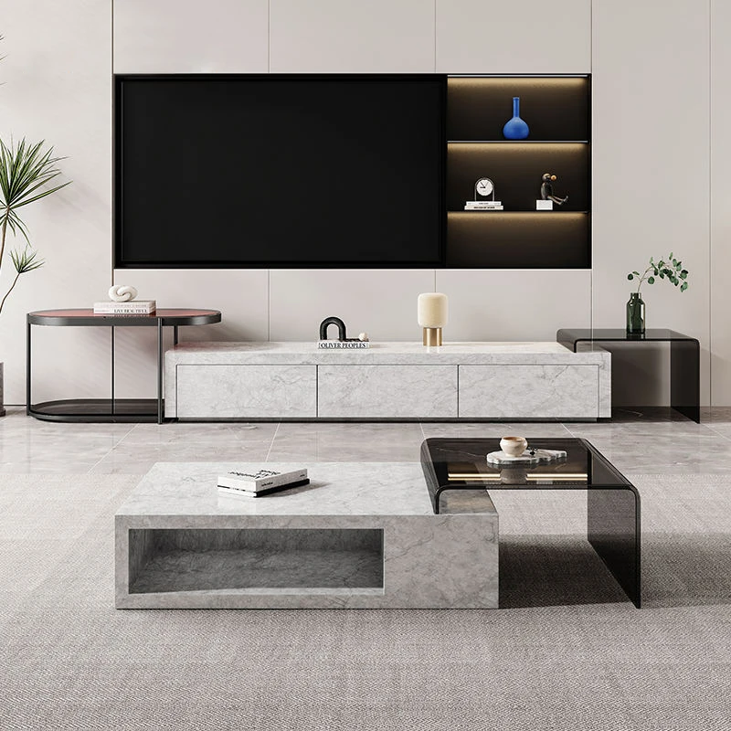 &c Modern White Wood Mdf Tempered Glass Sintered Stone Combination Coffee Table