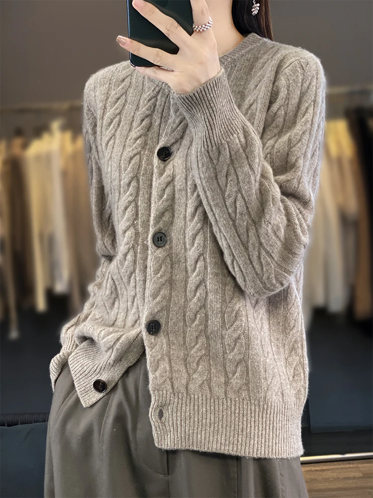 المرأة Preppy نمط كابل الحياكة سترة الخريف الشتاء جودة كم سترة الكشمير المعنقة سميكة 100% ميرينو الصوف محبوك القمم
