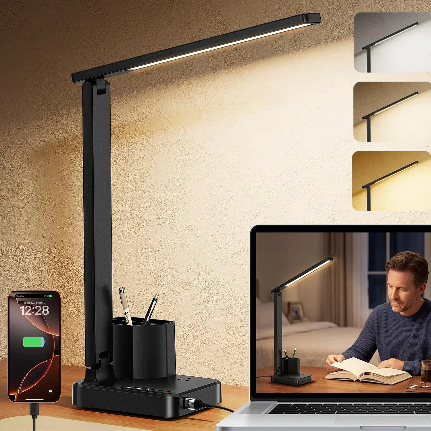 

LED Desk Lamp with USB-C & AC Outlet, Dimmable Eye-Care Light for Home Office