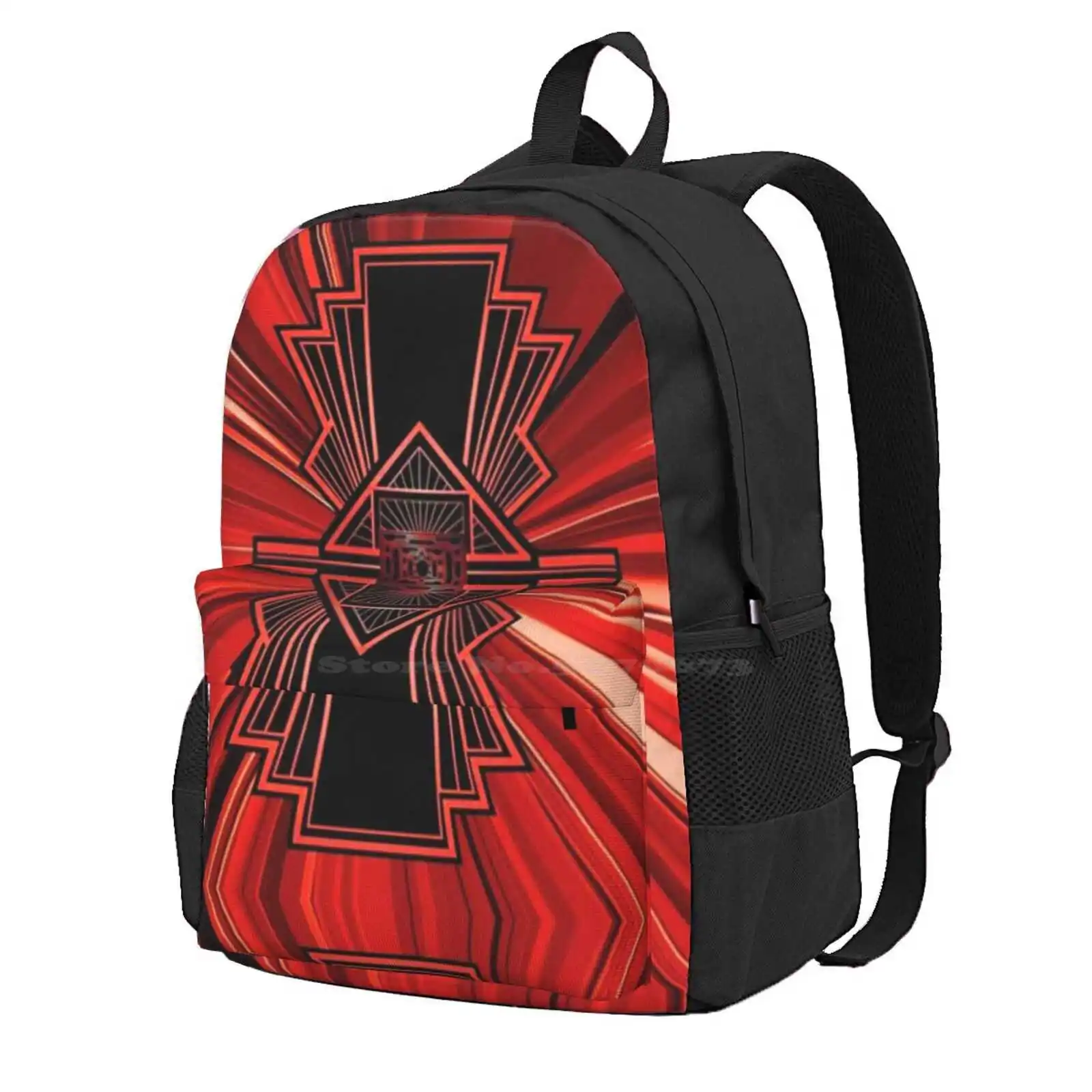 Art Deco Black And Red Geometric Hot Sale Schoolbag Backpack Fashion Bags Shimmer Geometric Design Art Nouveau Mural Black And