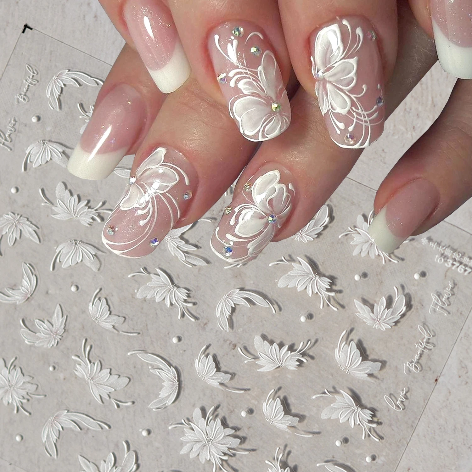 1sheet White Magnolia Flower Nail Stickers Self-Adhesive Elegant Five-petal Flower Wedding Nail Decals Floral Manicure Sliders