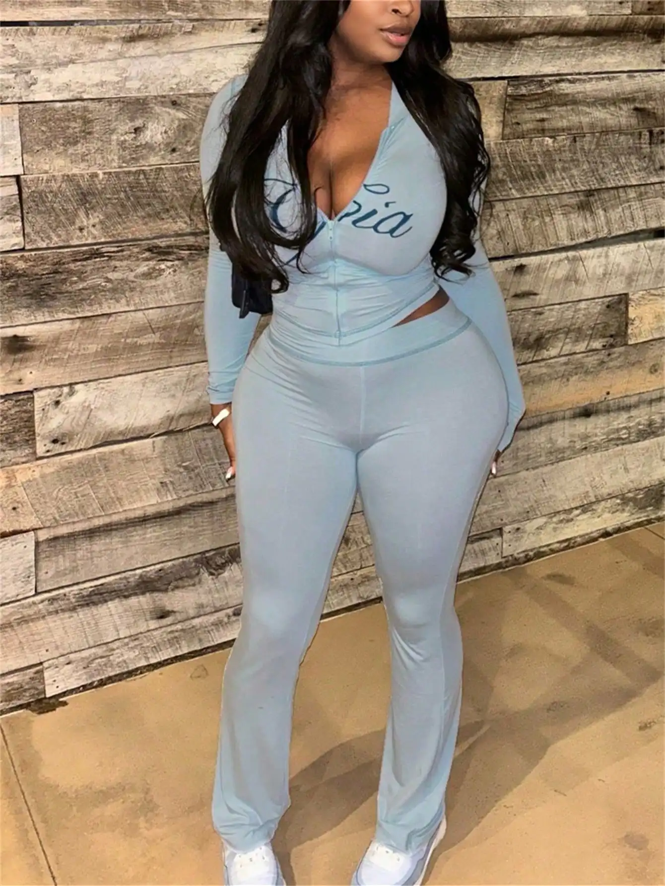 Dames Streetstyle Set met Rits, Lange Mouwen, Print, Hoge Taille Broek, Casual & Sexy Pasvorm