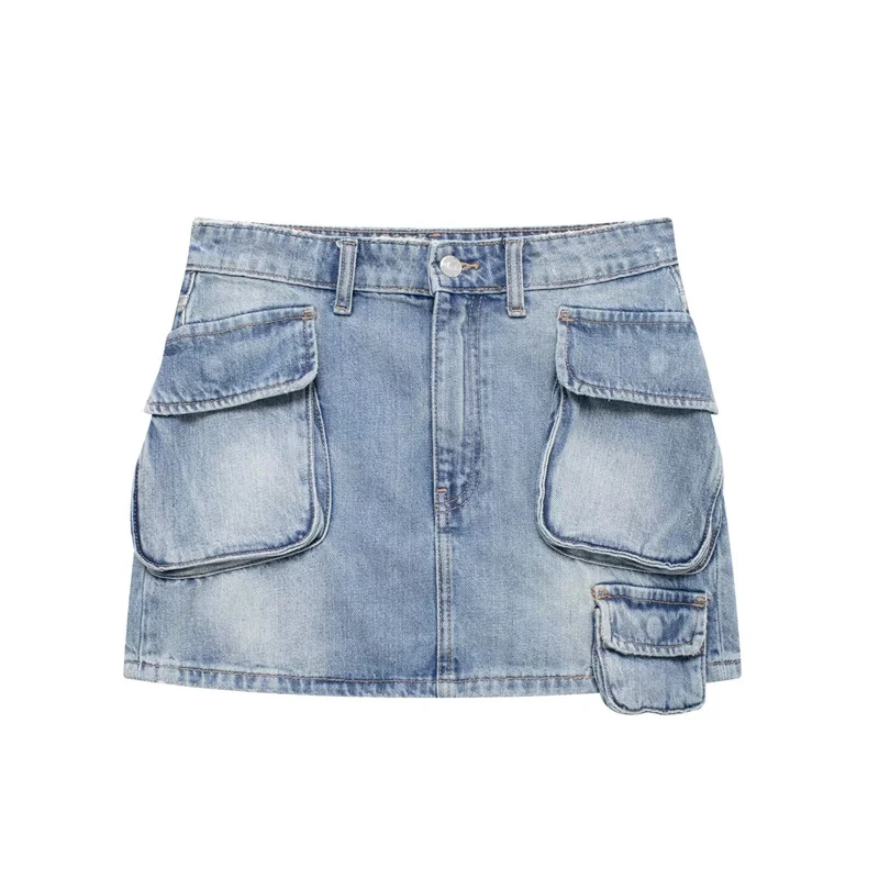 

2024 Summer New Casual Fashion Pocket Mini Denim Skirt Women's Vintage Streetwear High Waisted Straight Workwear Denim Skirt