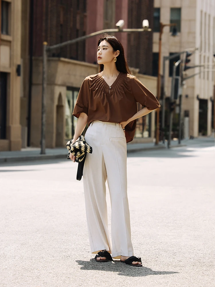 DUSHU Urban Drapey Pleated Casual Wide-Leg Pants 2024 Summer New Design Versatile Suit Business Office Pants Female 24DS82306