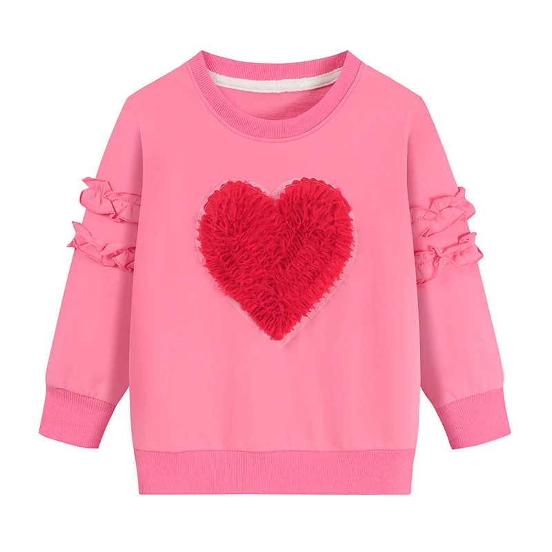 Little Hand Toddler Girls Valentines Sweatshirts 3D Fluffy Red Heart Decor Shirt Long Sleeve Kids Pullover Clothes for 2-7 Years