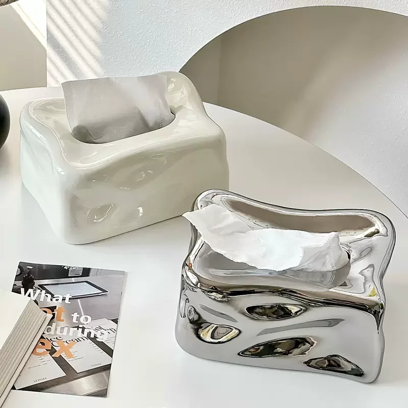 Creative glacier light luxury ceramic tissue box ins living room high-end silver tissue box decoration