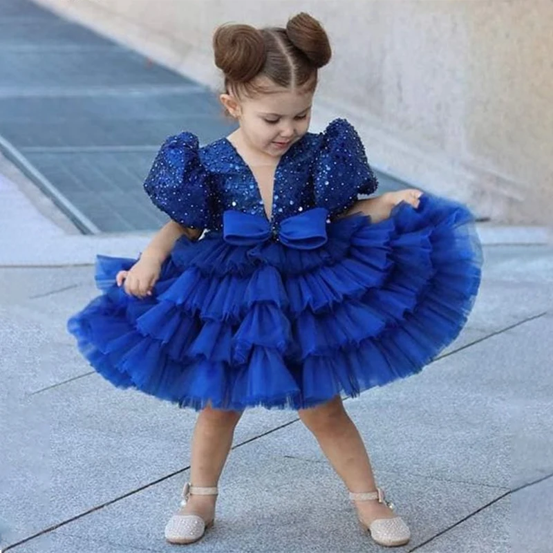 

Baby Girls' Sequin Bow Multi-Layer Tulle Adorable Birthday Princess Dress Suitable For Party Family Occasions Royal Blue Dress