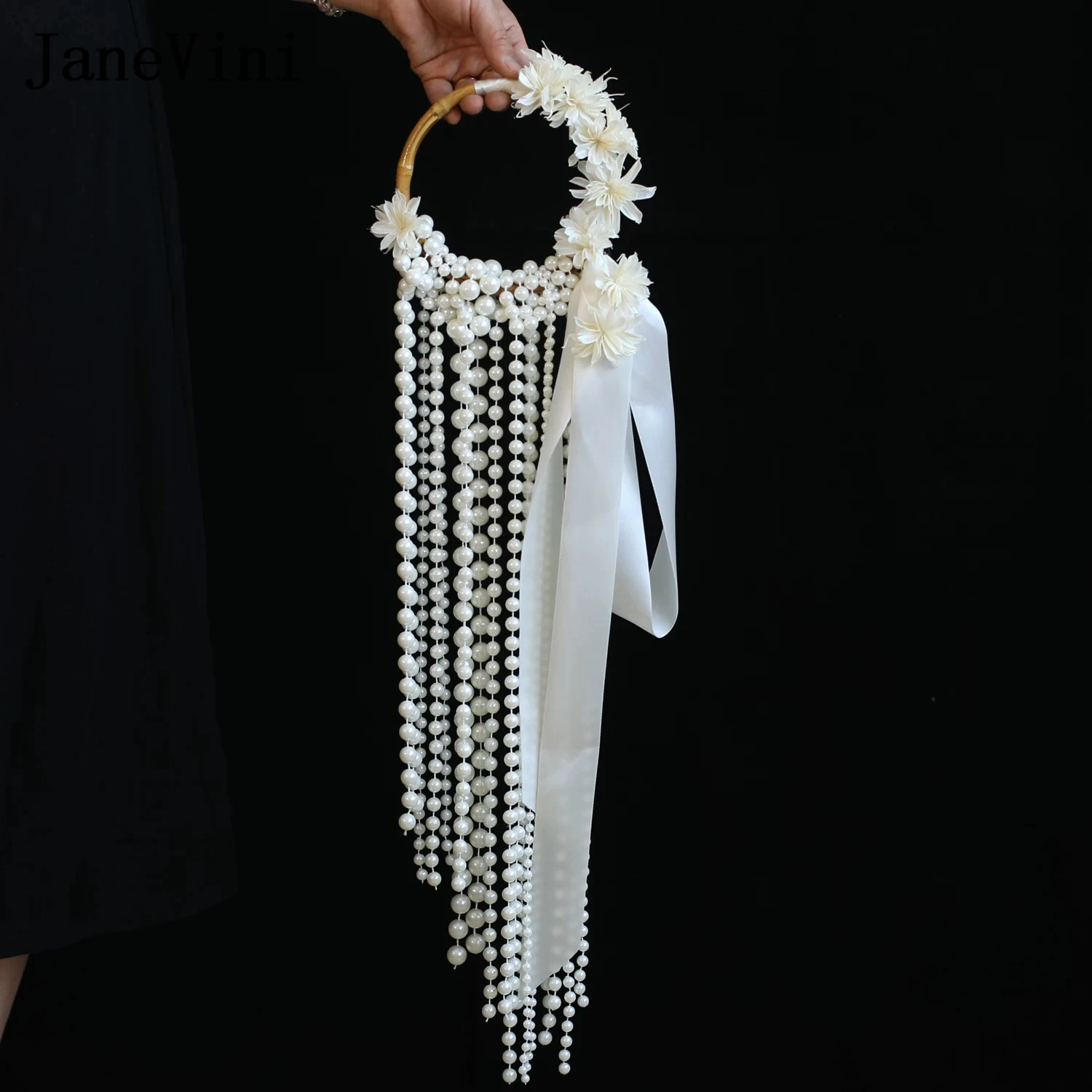 JaneVini Newest Design Pearls Waterfall Wedding Bouquets for Bride Accessories Artificial Handmade Flowers Bridal Hoop Bouquet