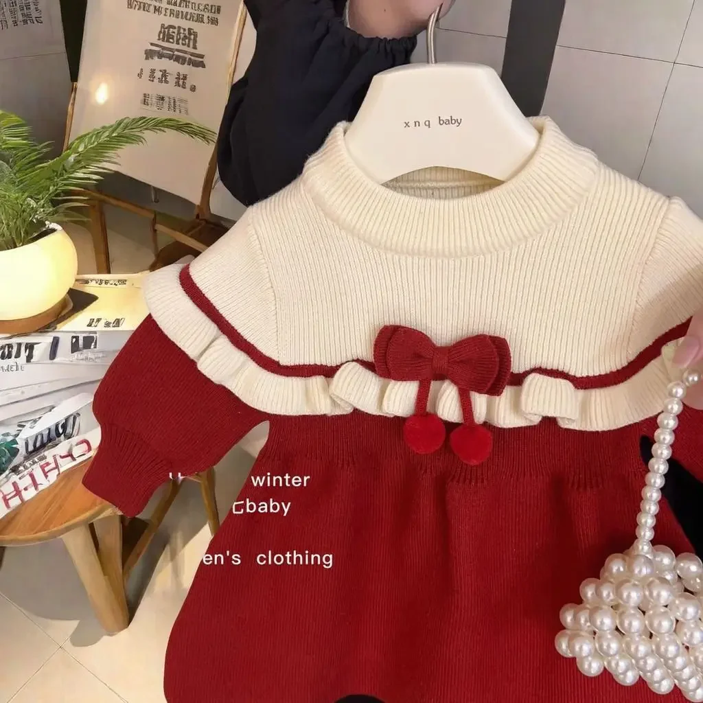 2024 New Autumn and Winter Style Girls Color-block Knitted Sweater Dress Temperament Children New Year Princess Skirt