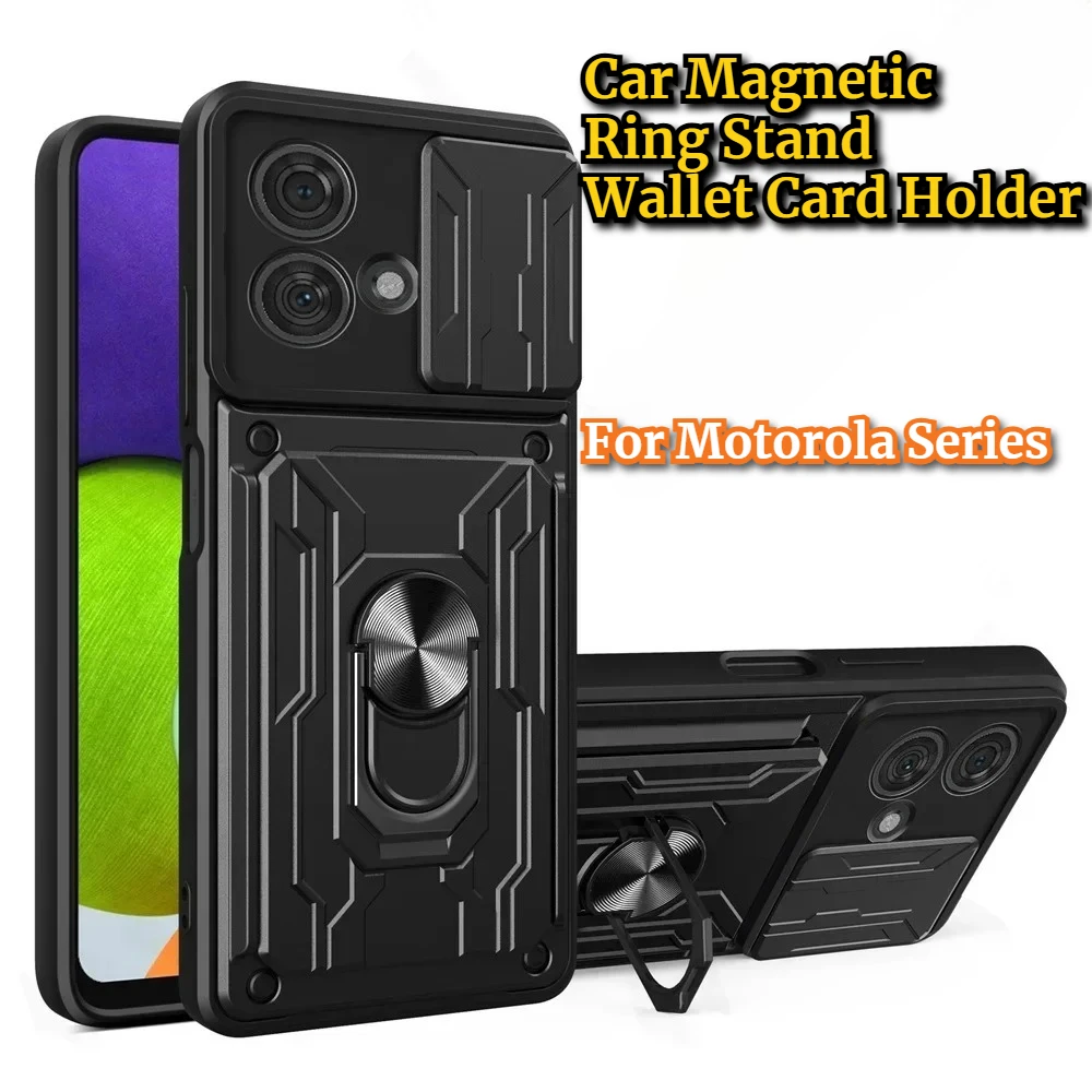 Rüstung Auto Magnetische Ring Halterung Fall für Motorola G56 G86 G35 G55 G75 G85 G05 G15 E15 Brieftasche Karte Rutsche mit Kamera Objektiv Abdeckung
