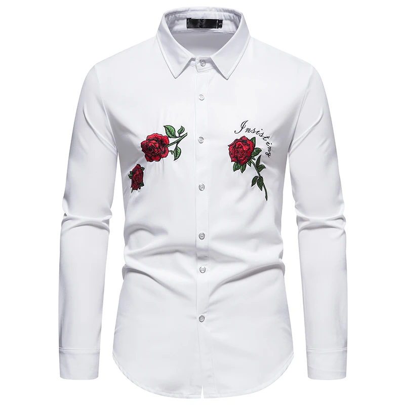 2023 neues Hemd Rose Stickerei Hemd lässig Langarm Slim Fit Mode Shirts Männer Kleidung Männer Shirt